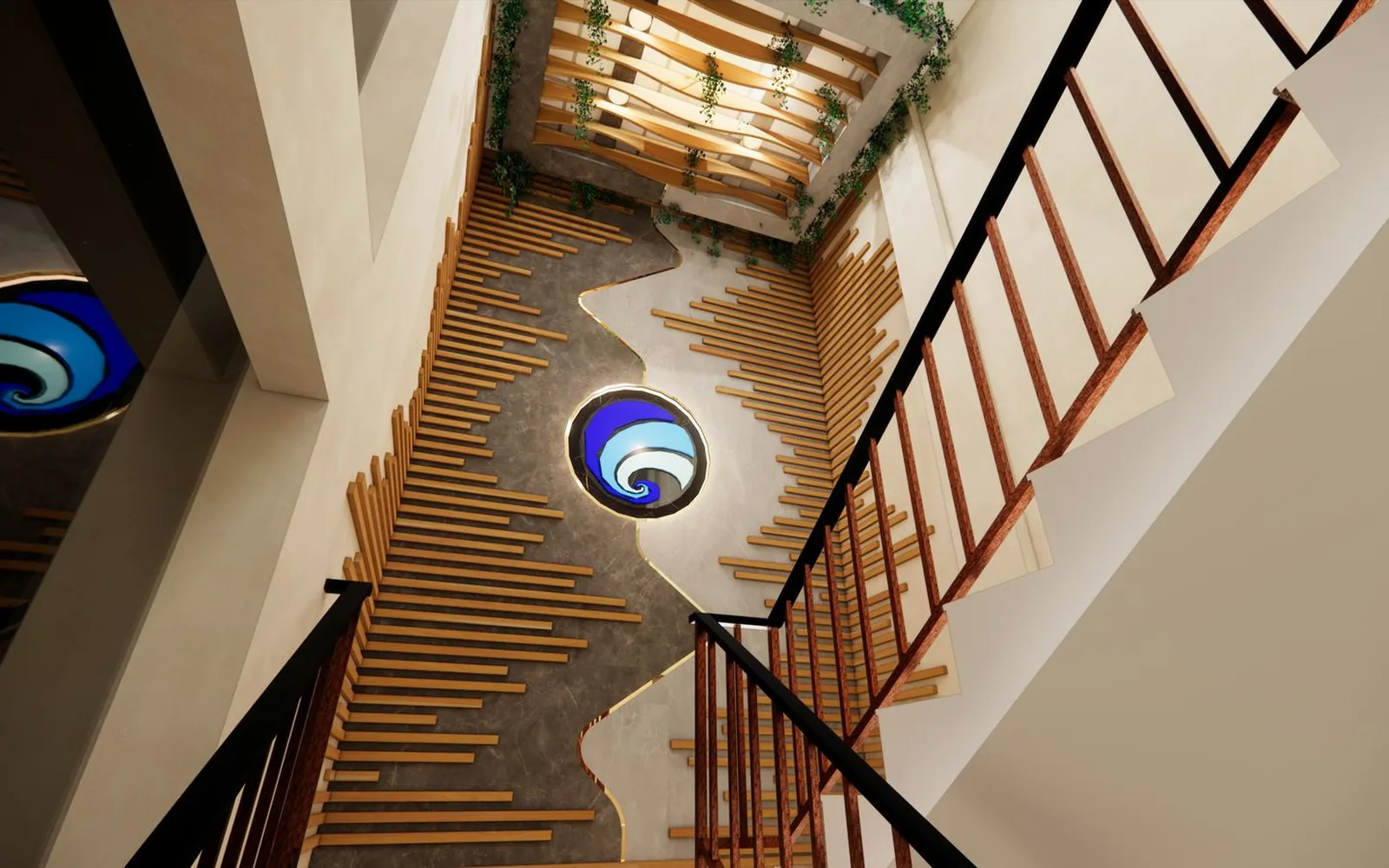 Visualisasi 3D void tangga gedung instansi: kisi kayu bergradasi dua lantai dengan grafis identitas ber-backlight
